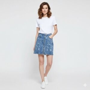 Karl Lagerfeld Paris Denim A Line Mini Skirt All Over Logo Print Zipper Front 14